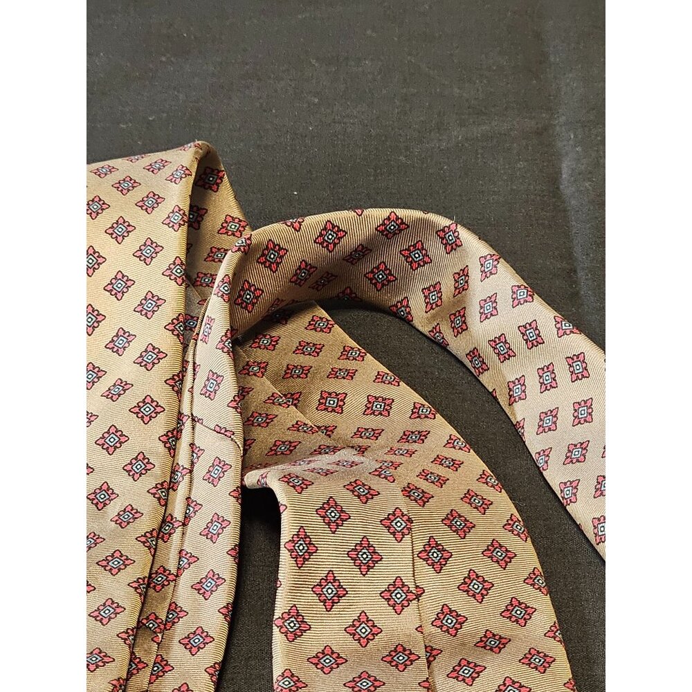 Vintage Arnie Men's Silk Tie With Geometric Pattern In Tan & Red - Picture 7 of 9